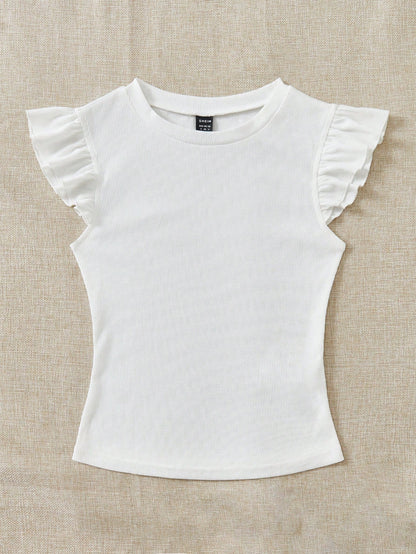 Soleia WYWH Vacation Ruffle Trim Ribbed White Knit Tee