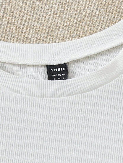 Soleia WYWH Vacation Ruffle Trim Ribbed White Knit Tee