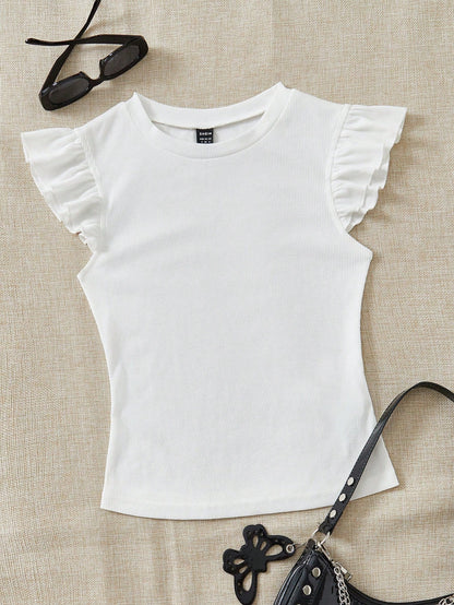 Soleia WYWH Vacation Ruffle Trim Ribbed White Knit Tee