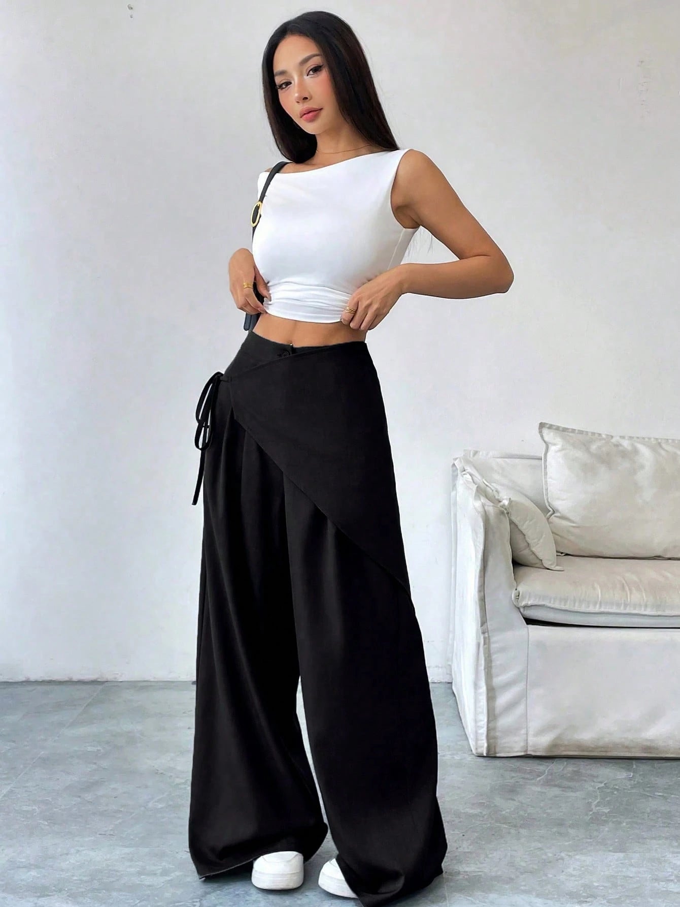 SoleilVie Women's Solid Color Cross Wrap Tie Loose Casual Pants Fall Cloth For Women