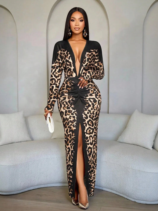 SOLERSUN Elegant Black Leopard Cheetah Print Long Dress Women, Fall Winter Night Out Party Outfit,Wedding Guest Evening Prom Ball Gown Homecoming Dress
