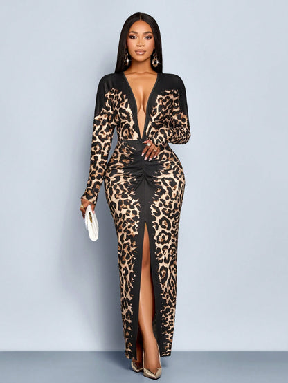 SOLERSUN Elegant Black Leopard Cheetah Print Long Dress Women, Fall Winter Night Out Party Outfit,Wedding Guest Evening Prom Ball Gown Homecoming Dress