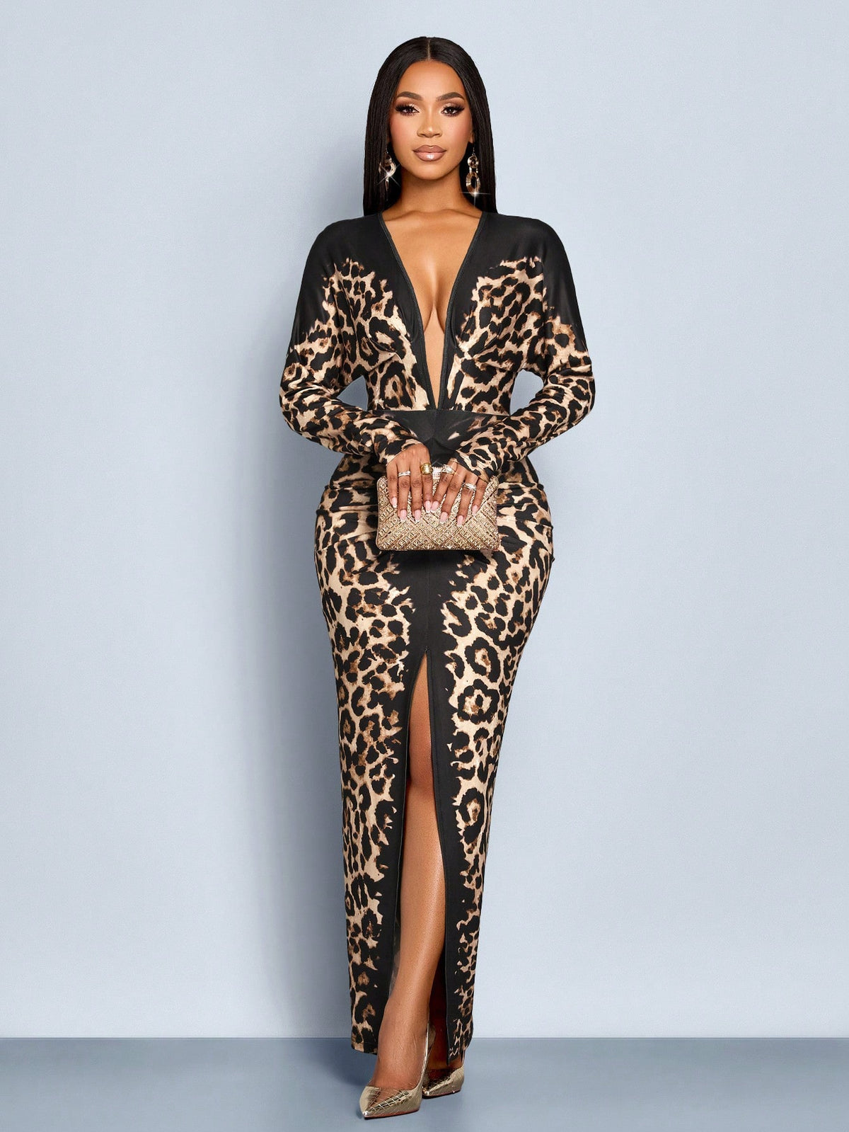 SOLERSUN Elegant Black Leopard Cheetah Print Long Dress Women, Fall Winter Night Out Party Outfit,Wedding Guest Evening Prom Ball Gown Homecoming Dress
