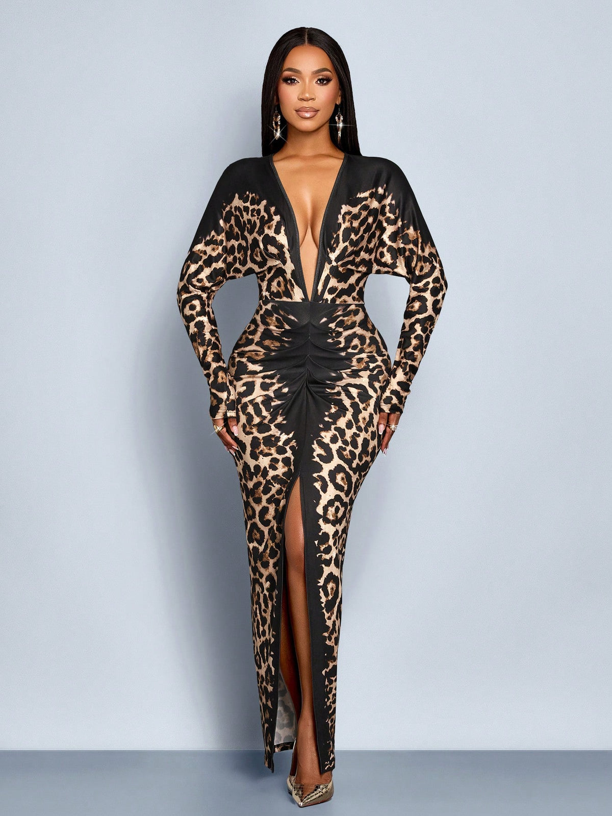 SOLERSUN Elegant Black Leopard Cheetah Print Long Dress Women, Fall Winter Night Out Party Outfit,Wedding Guest Evening Prom Ball Gown Homecoming Dress