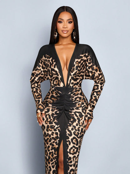 SOLERSUN Elegant Black Leopard Cheetah Print Long Dress Women, Fall Winter Night Out Party Outfit,Wedding Guest Evening Prom Ball Gown Homecoming Dress