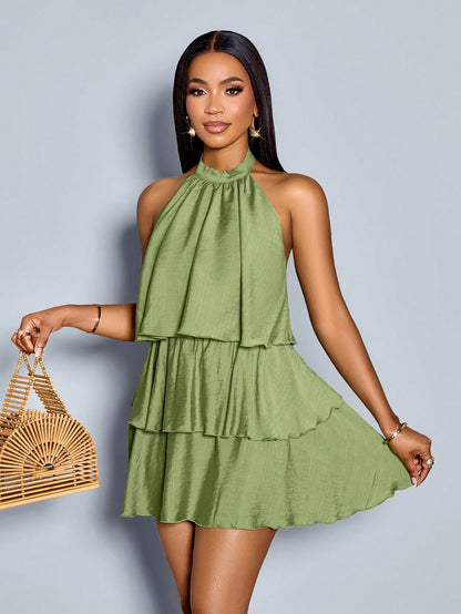 SOLERSUN Elegant Olive Green Summer Multi-Layer Cake Dress For Women, Brunch Outfits, High-End Fashion Business Casual Office Vacation, Beach Vacation Concert