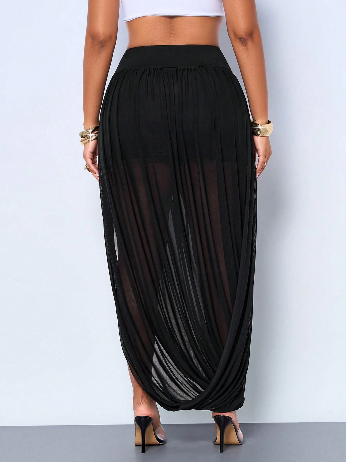 SOLERSUN Women's Black Summer Chic Vacation Elegant Stylish Pleated Mesh Side Slit Hem Long Skirt, Daily Festival Beach