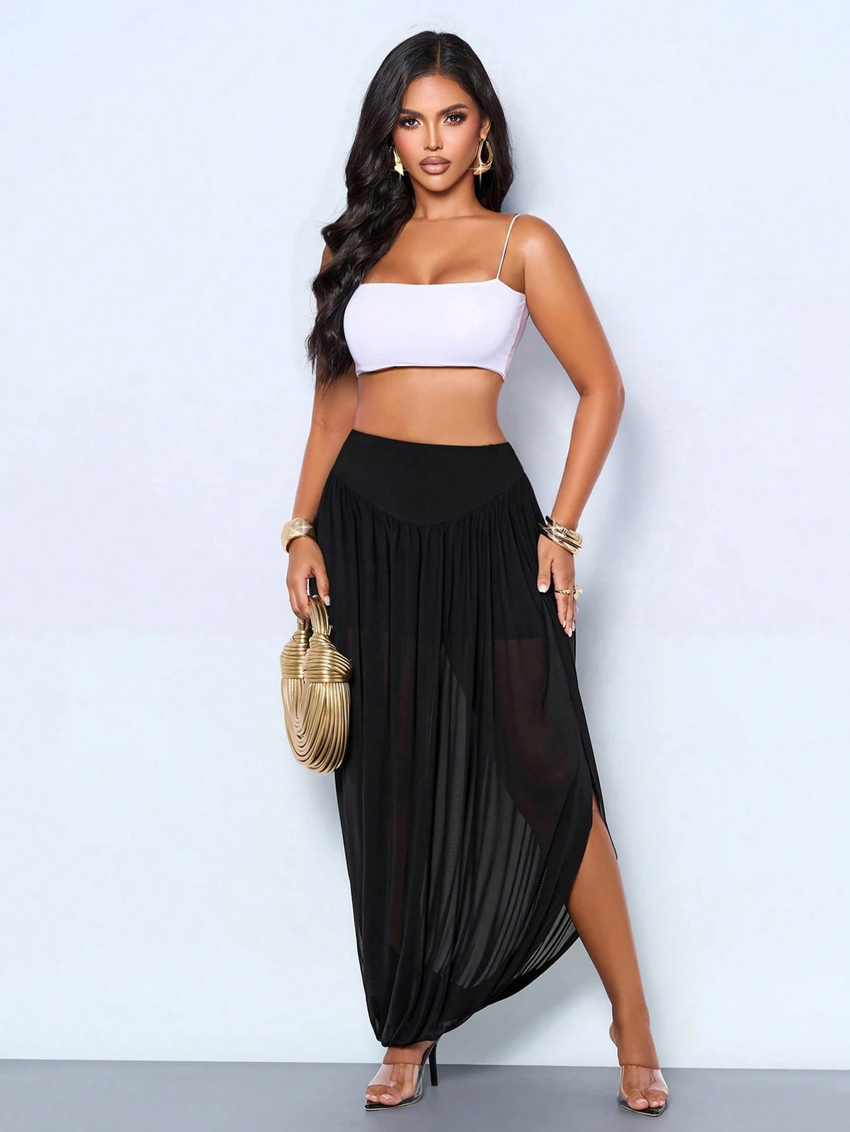 SOLERSUN Women's Black Summer Chic Vacation Elegant Stylish Pleated Mesh Side Slit Hem Long Skirt, Daily Festival Beach