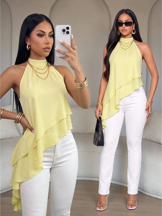 SOLERSUN Women's Elegant Asymmetrical Ruffle Hem Halter Neck Top, Sleeveless Layered Blouse