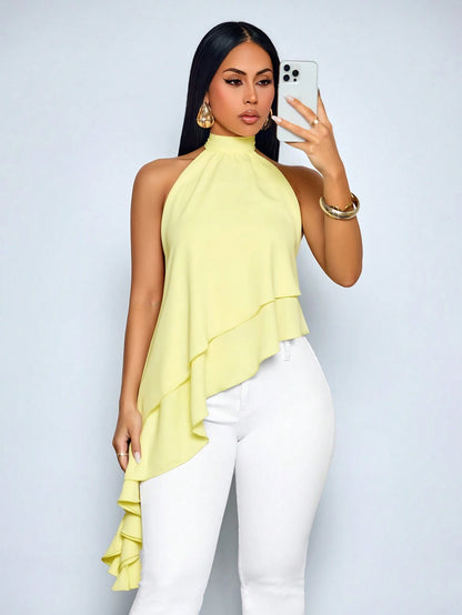 SOLERSUN Women's Elegant Asymmetrical Ruffle Hem Halter Neck Top, Sleeveless Layered Blouse