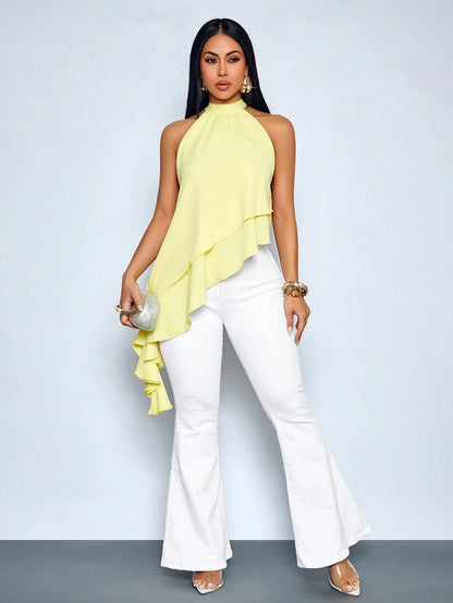 SOLERSUN Women's Elegant Asymmetrical Ruffle Hem Halter Neck Top, Sleeveless Layered Blouse