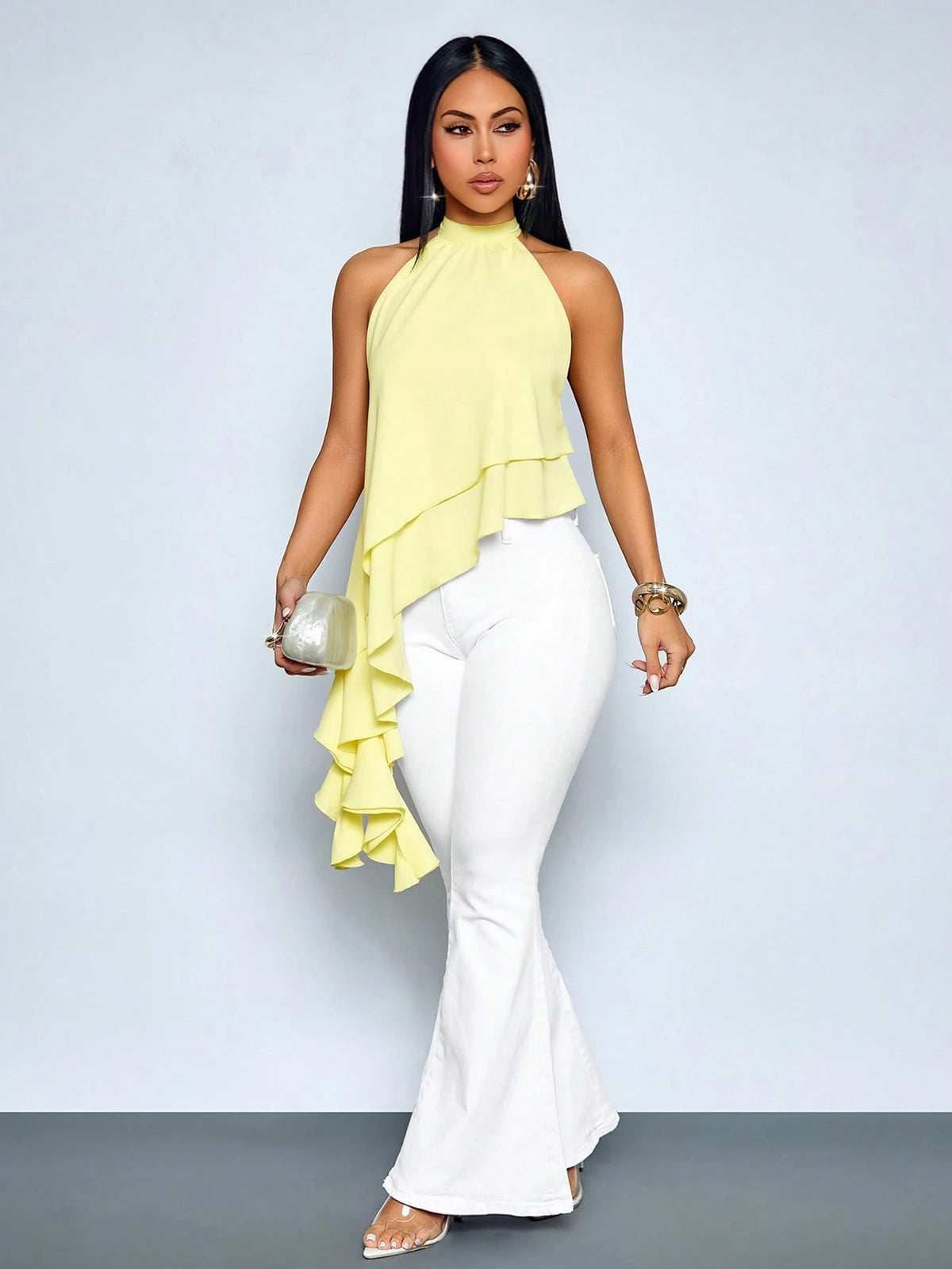 SOLERSUN Women's Elegant Asymmetrical Ruffle Hem Halter Neck Top, Sleeveless Layered Blouse
