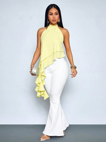 SOLERSUN Women's Elegant Asymmetrical Ruffle Hem Halter Neck Top, Sleeveless Layered Blouse