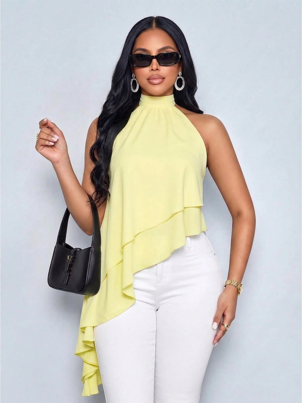 SOLERSUN Women's Elegant Asymmetrical Ruffle Hem Halter Neck Top, Sleeveless Layered Blouse