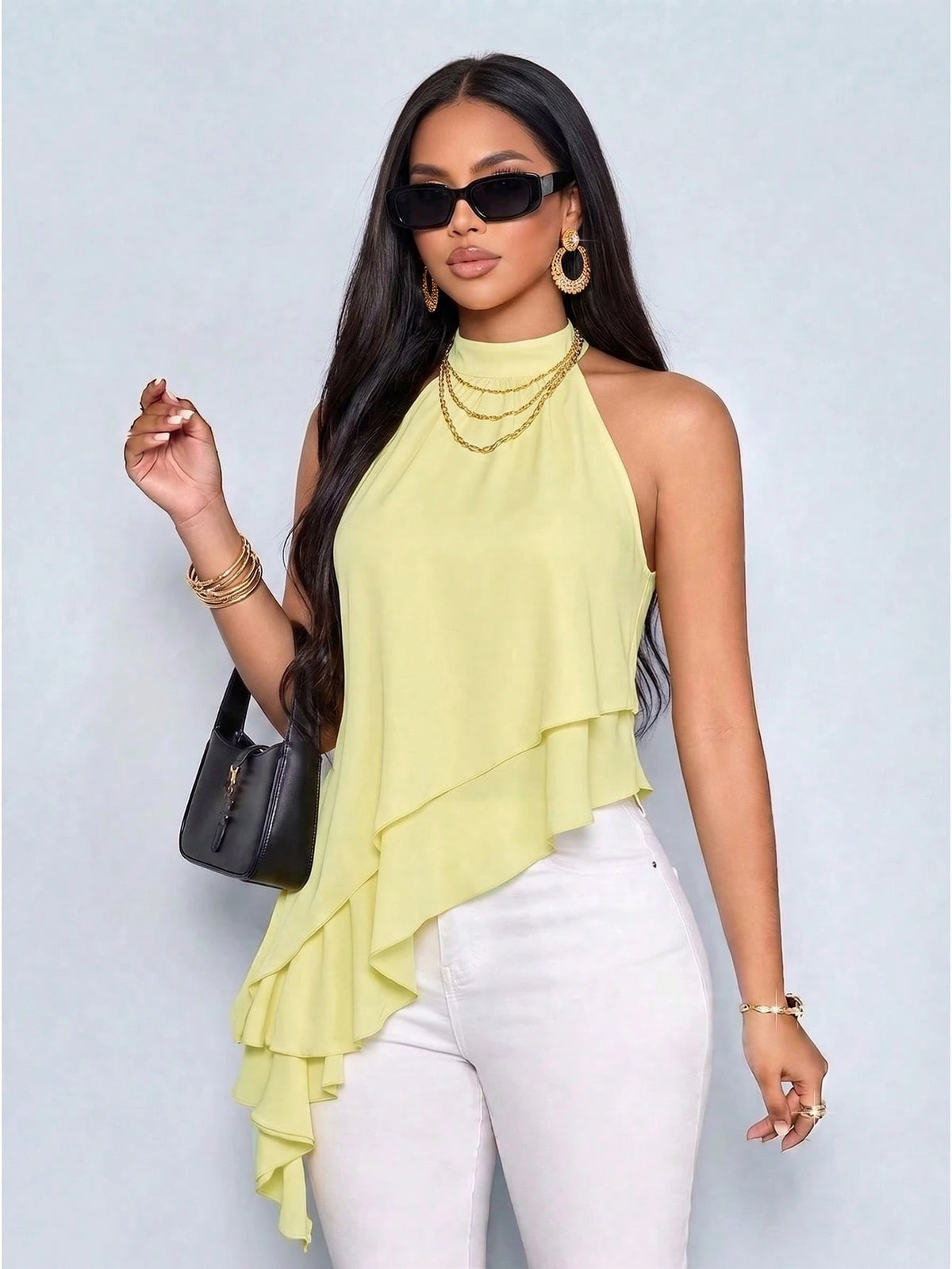SOLERSUN Women's Elegant Asymmetrical Ruffle Hem Halter Neck Top, Sleeveless Layered Blouse