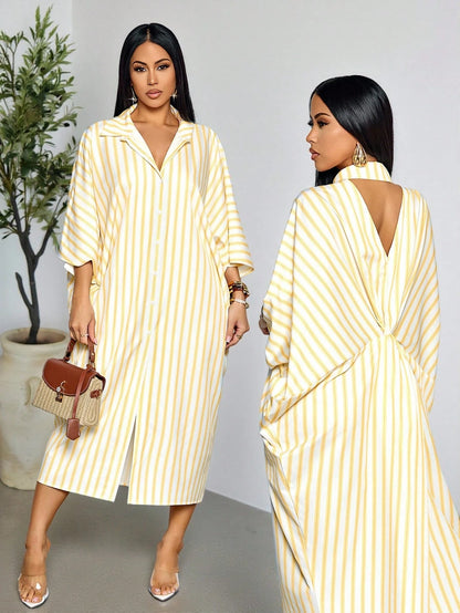 SOLERSUN Women's White And Yellow Striped Batwing Sleeve Long Dress,Summer Casual Elegant Hollow Out Twist Waist Beach Vacation Outfits,Holiday Travel Wear