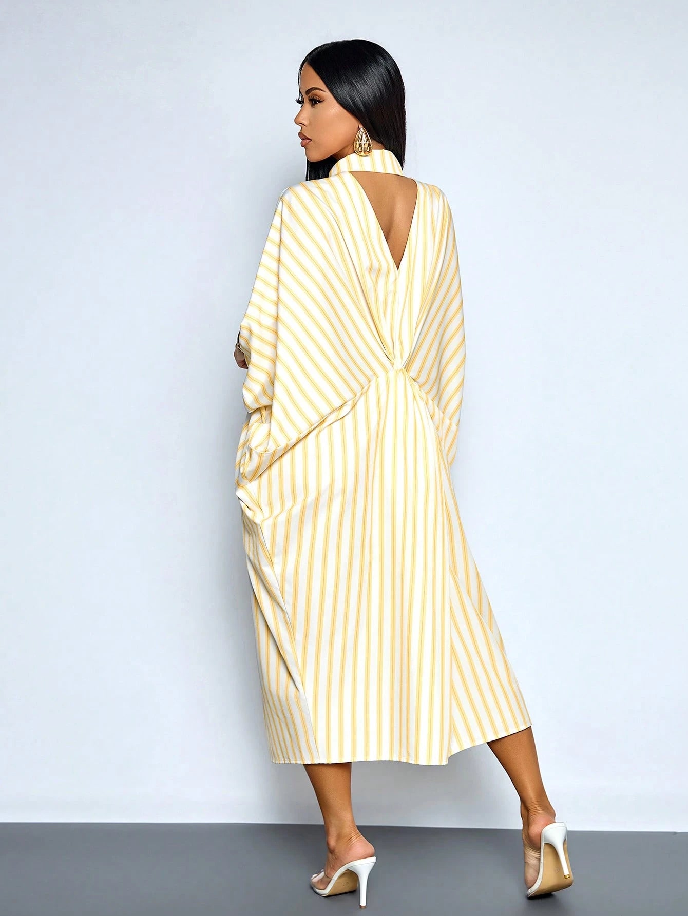 SOLERSUN Women's White And Yellow Striped Batwing Sleeve Long Dress,Summer Casual Elegant Hollow Out Twist Waist Beach Vacation Outfits,Holiday Travel Wear