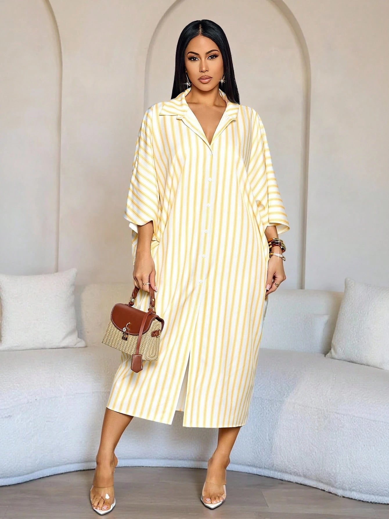 SOLERSUN Women's White And Yellow Striped Batwing Sleeve Long Dress,Summer Casual Elegant Hollow Out Twist Waist Beach Vacation Outfits,Holiday Travel Wear
