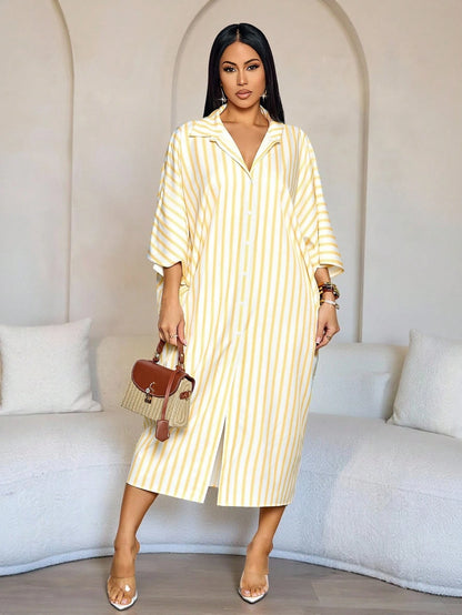 SOLERSUN Women's White And Yellow Striped Batwing Sleeve Long Dress,Summer Casual Elegant Hollow Out Twist Waist Beach Vacation Outfits,Holiday Travel Wear