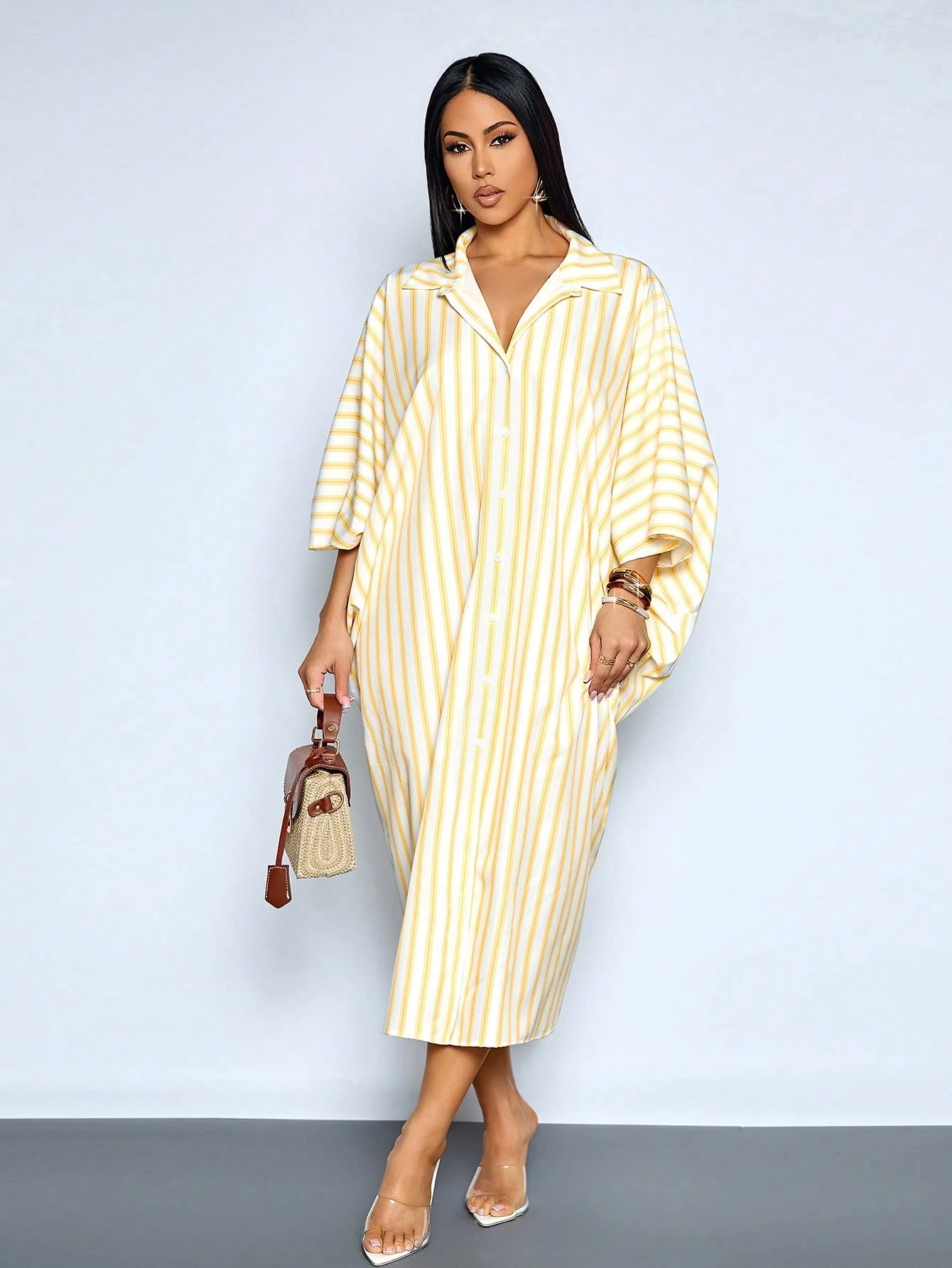 SOLERSUN Women's White And Yellow Striped Batwing Sleeve Long Dress,Summer Casual Elegant Hollow Out Twist Waist Beach Vacation Outfits,Holiday Travel Wear