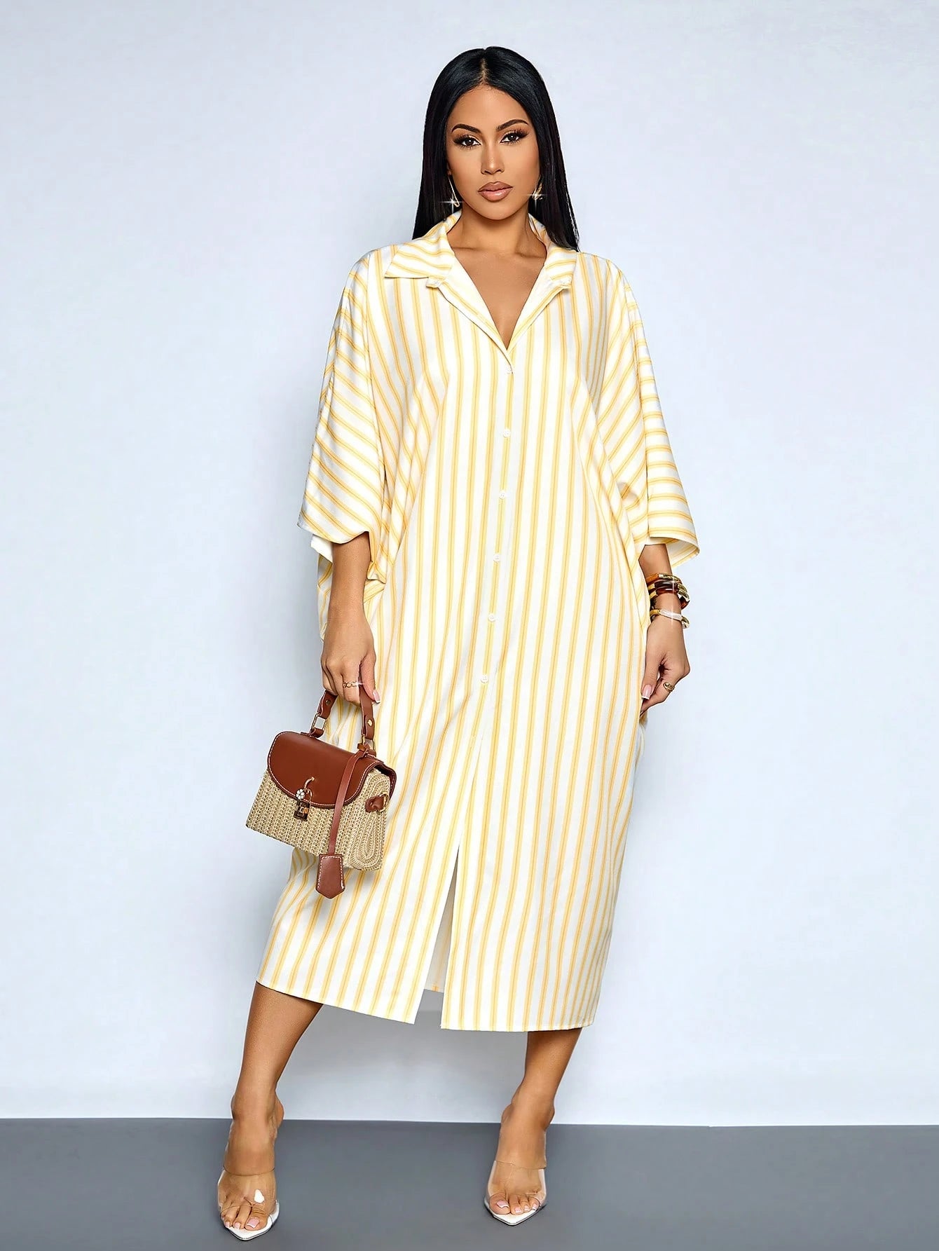 SOLERSUN Women's White And Yellow Striped Batwing Sleeve Long Dress,Summer Casual Elegant Hollow Out Twist Waist Beach Vacation Outfits,Holiday Travel Wear
