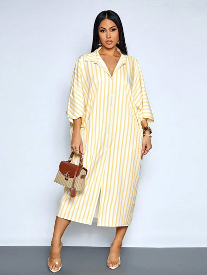 SOLERSUN Women's White And Yellow Striped Batwing Sleeve Long Dress,Summer Casual Elegant Hollow Out Twist Waist Beach Vacation Outfits,Holiday Travel Wear