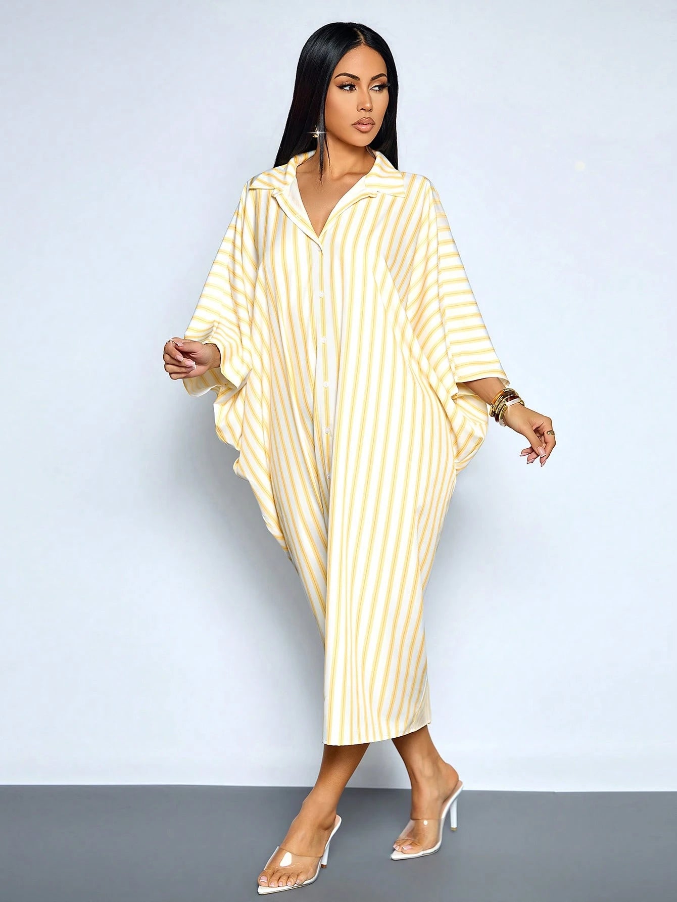 SOLERSUN Women's White And Yellow Striped Batwing Sleeve Long Dress,Summer Casual Elegant Hollow Out Twist Waist Beach Vacation Outfits,Holiday Travel Wear