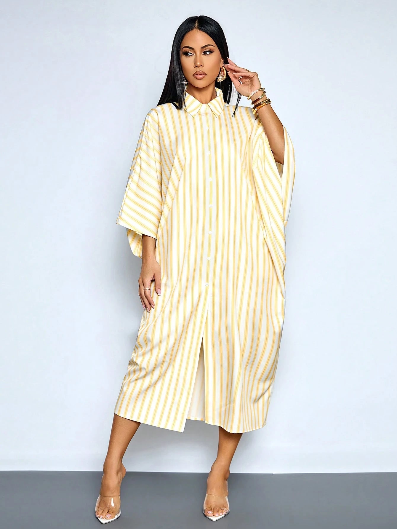 SOLERSUN Women's White And Yellow Striped Batwing Sleeve Long Dress,Summer Casual Elegant Hollow Out Twist Waist Beach Vacation Outfits,Holiday Travel Wear