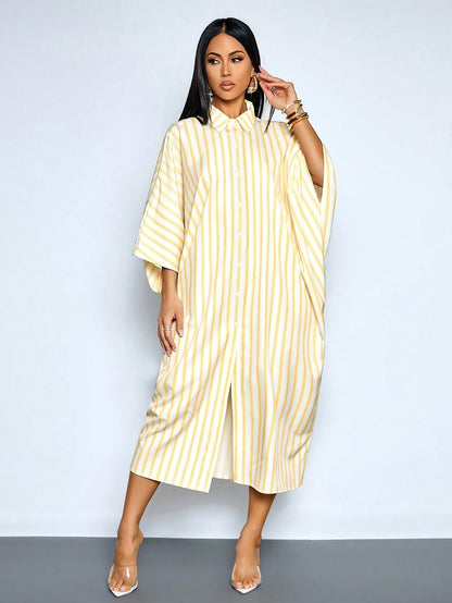 SOLERSUN Women's White And Yellow Striped Batwing Sleeve Long Dress,Summer Casual Elegant Hollow Out Twist Waist Beach Vacation Outfits,Holiday Travel Wear