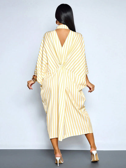SOLERSUN Women's White And Yellow Striped Batwing Sleeve Long Dress,Summer Casual Elegant Hollow Out Twist Waist Beach Vacation Outfits,Holiday Travel Wear
