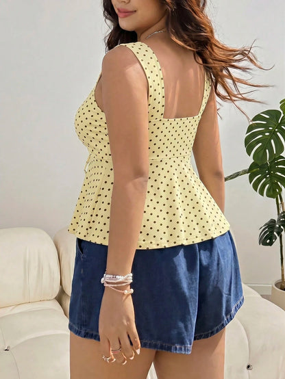 Solflare Plus Size Women's French Sweet 1950s Vintage Polka Dot Print Pleated Tie-Up Top Vacation Butter Yellow Summer