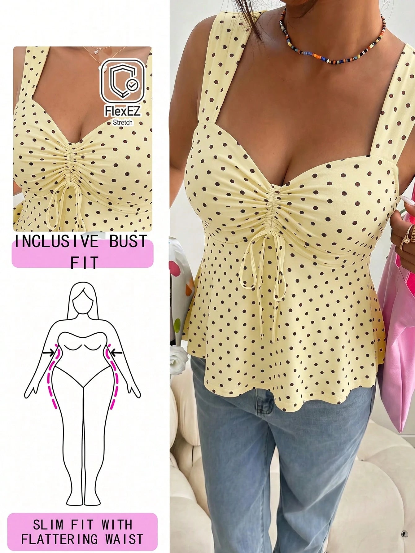 Solflare Plus Size Women's French Sweet 1950s Vintage Polka Dot Print Pleated Tie-Up Top Vacation Butter Yellow Summer
