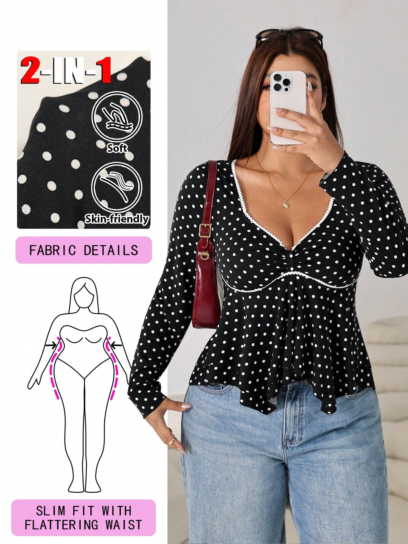 Solflare Plus Size Women's Polka Dot Casual Versatile Daily Wear T-Shirt