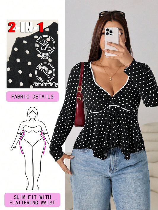 Solflare Plus Size Women's Polka Dot Casual Versatile Daily Wear T-Shirt