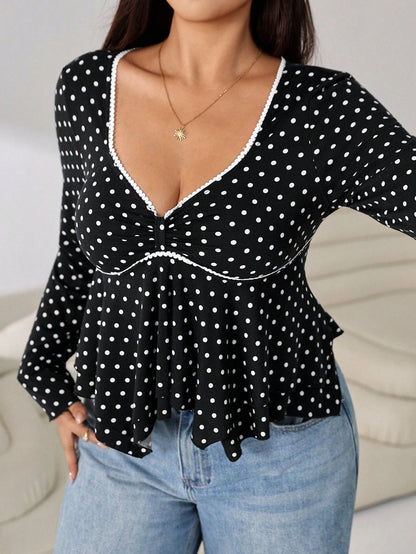 Solflare Plus Size Women's Polka Dot Casual Versatile Daily Wear T-Shirt