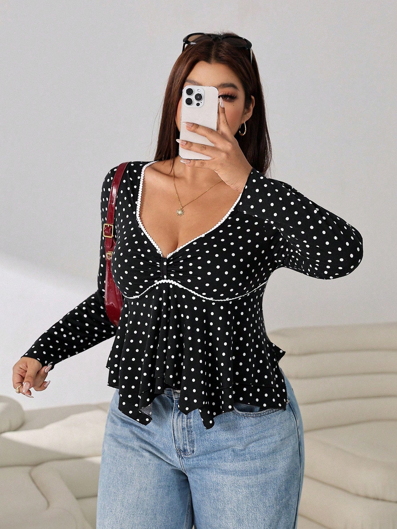 Solflare Plus Size Women's Polka Dot Casual Versatile Daily Wear T-Shirt