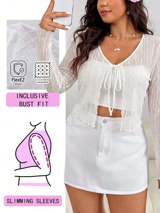 Solflare Women's Plus Size Tie Knot V-Neck Long Sleeve Cropped Top Autumn Vacation White Elegant Vacation Fall