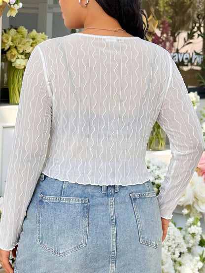 Solflare Women's Plus Size Tie Knot V-Neck Long Sleeve Cropped Top Autumn Vacation White Elegant Vacation Fall