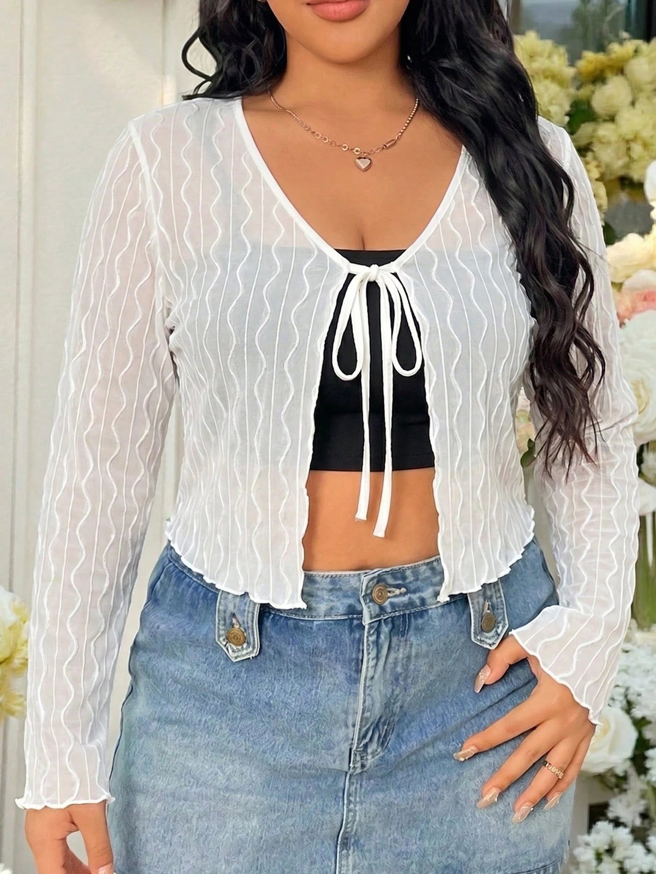 Solflare Women's Plus Size Tie Knot V-Neck Long Sleeve Cropped Top Autumn Vacation White Elegant Vacation Fall