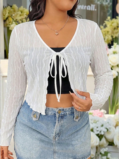 Solflare Women's Plus Size Tie Knot V-Neck Long Sleeve Cropped Top Autumn Vacation White Elegant Vacation Fall