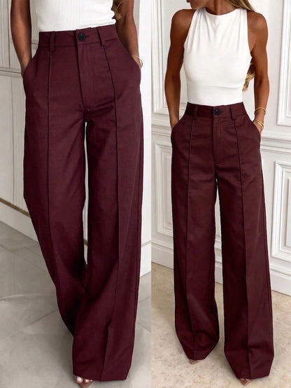 Solid Color Button Zipper Pocket Waist-Cinched Woven Non-Stretch Non-Breathable Suit Fabric Long Pants Casual Office Commute Daily Spring Summer Style Straight Leg All-Season Long Pants Women's Spring