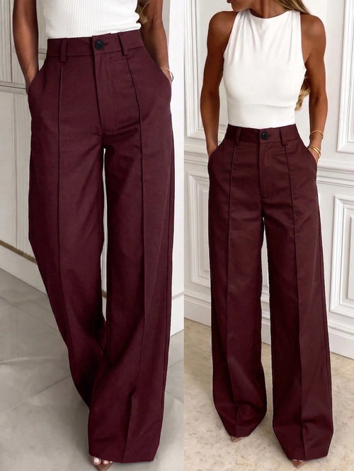 Solid Color Button Zipper Pocket Waist-Cinched Woven Non-Stretch Non-Breathable Suit Fabric Long Pants Casual Office Commute Daily Spring Summer Style Straight Leg All-Season Long Pants Women's Spring