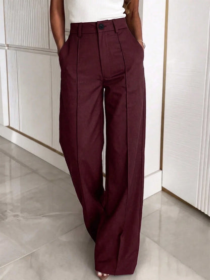 Solid Color Button Zipper Pocket Waist-Cinched Woven Non-Stretch Non-Breathable Suit Fabric Long Pants Casual Office Commute Daily Spring Summer Style Straight Leg All-Season Long Pants Women's Spring