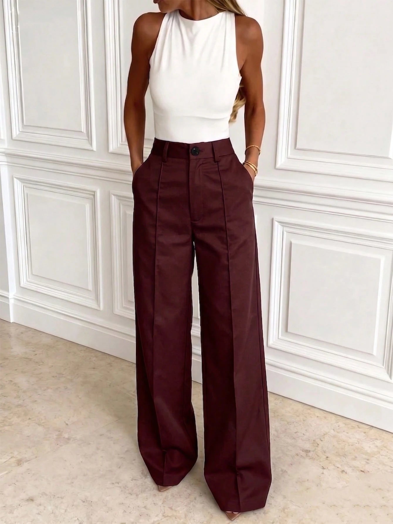 Solid Color Button Zipper Pocket Waist-Cinched Woven Non-Stretch Non-Breathable Suit Fabric Long Pants Casual Office Commute Daily Spring Summer Style Straight Leg All-Season Long Pants Women's Spring