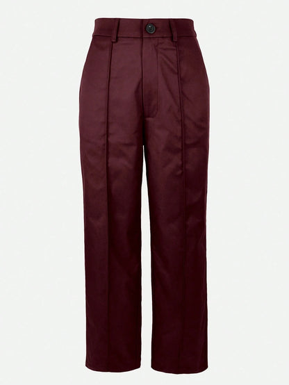 Solid Color Button Zipper Pocket Waist-Cinched Woven Non-Stretch Non-Breathable Suit Fabric Long Pants Casual Office Commute Daily Spring Summer Style Straight Leg All-Season Long Pants Women's Spring