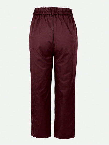 Solid Color Button Zipper Pocket Waist-Cinched Woven Non-Stretch Non-Breathable Suit Fabric Long Pants Casual Office Commute Daily Spring Summer Style Straight Leg All-Season Long Pants Women's Spring