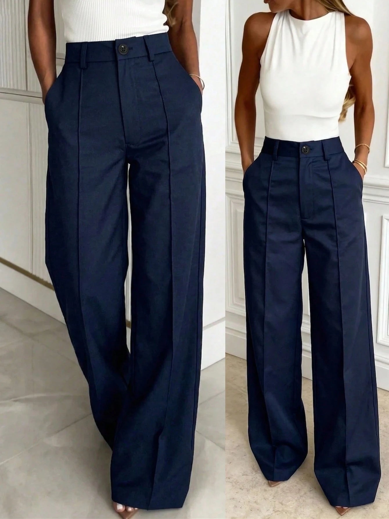 Solid Color Button Zipper Pocket Waist-Cinched Woven Non-Stretch Non-Breathable Suit Fabric Long Pants Casual Office Commute Daily Spring Summer Style Straight Leg All-Season Long Pants Women's Spring