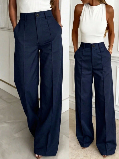 Solid Color Button Zipper Pocket Waist-Cinched Woven Non-Stretch Non-Breathable Suit Fabric Long Pants Casual Office Commute Daily Spring Summer Style Straight Leg All-Season Long Pants Women's Spring