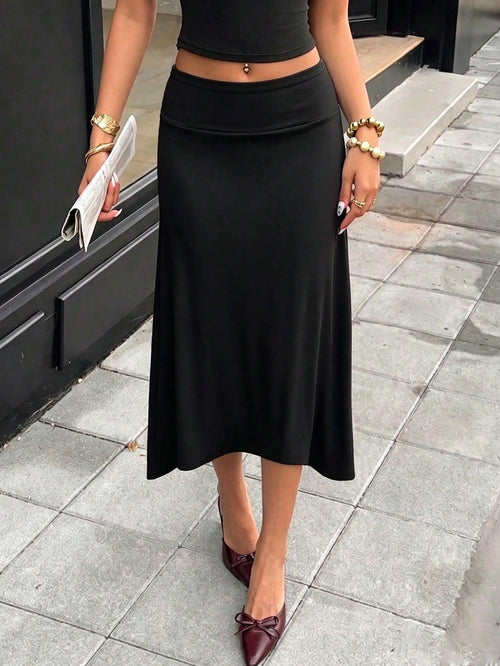 Solid Color Elegant Casual Party Women Graceful Skirt, Suitable For Holiday & Beach Black, Chic & Elegant
