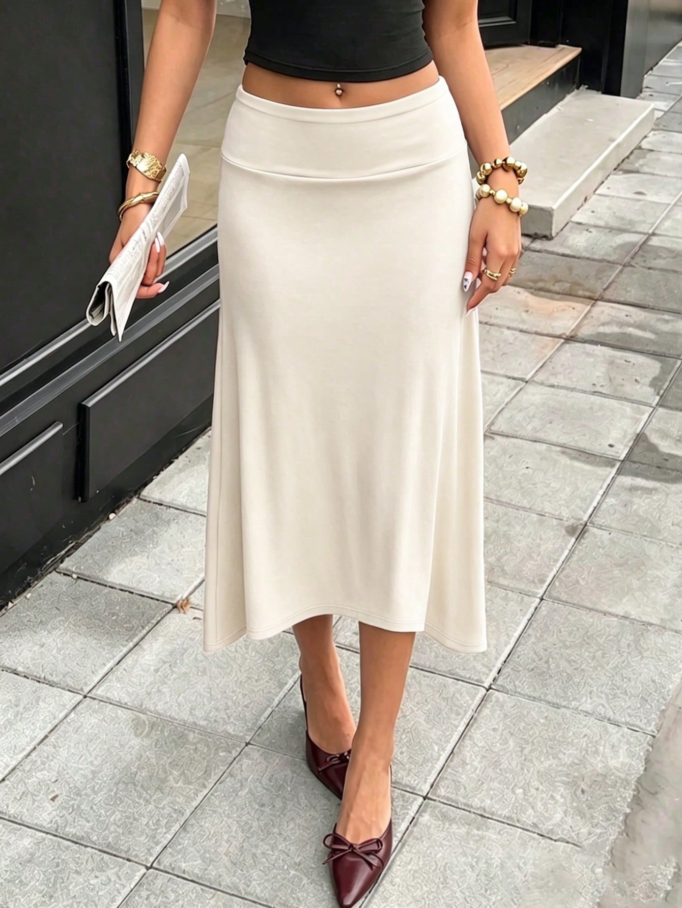 Solid Color Elegant Casual Party Women Graceful Skirt, Suitable For Holiday & Beach Black, Chic & Elegant